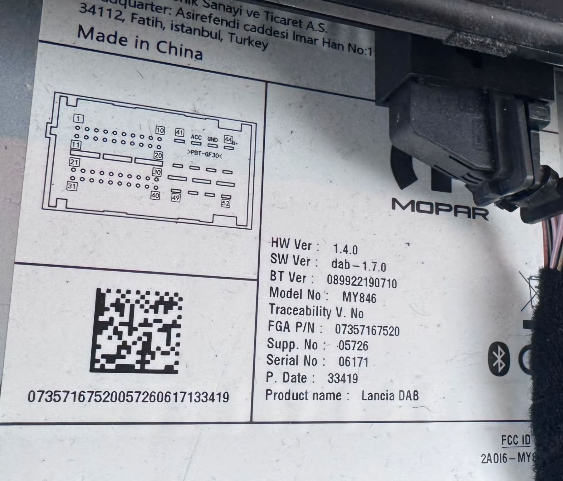 Daiichi 2016 Lancia and Fiat radio label with the serial number for the radio code